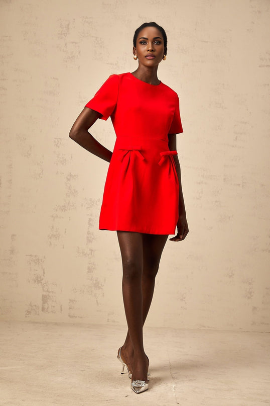 Sloan Red Flared Skirt Mini Dress with Bow Detailing