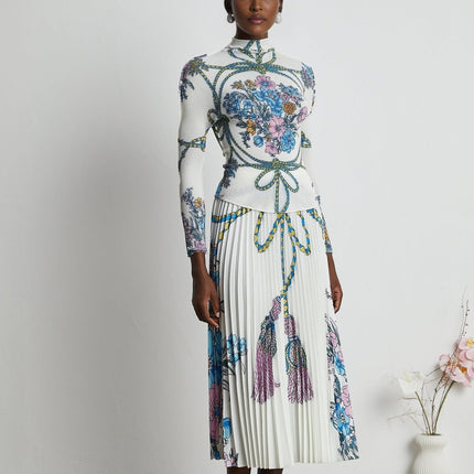 Sloan White & Multicolor Pattern Print Knit Skirt Top Set