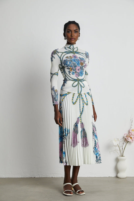 Sloan White & Multicolor Pattern Print Knit Skirt Top Set