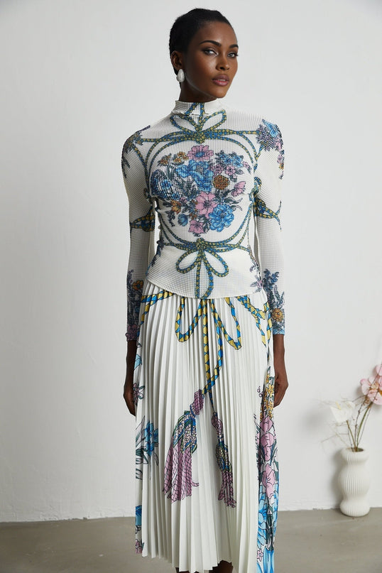 Sloan White & Multicolor Pattern Print Knit Skirt Top Set
