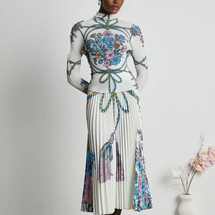 Sloan White & Multicolor Pattern Print Knit Skirt Top Set