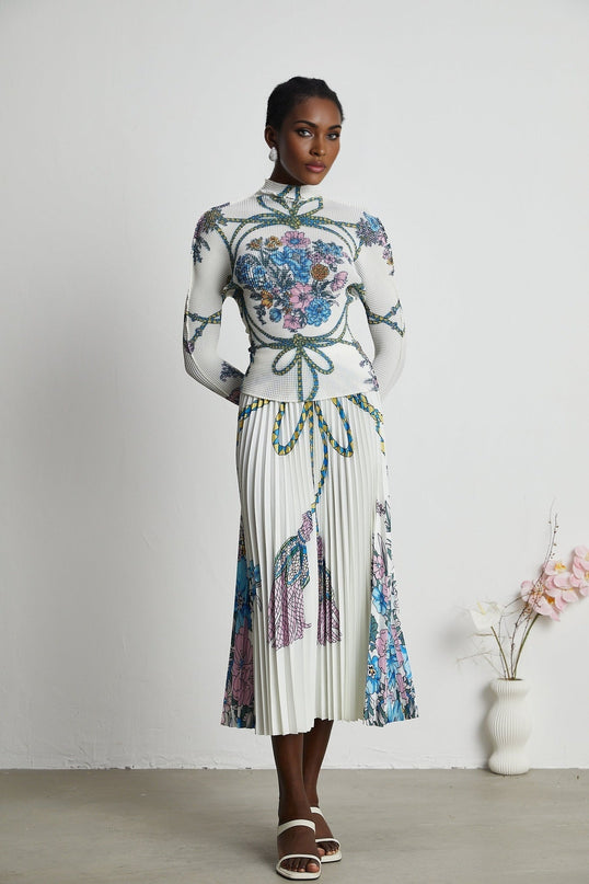 Sloan White & Multicolor Pattern Print Knit Skirt Top Set