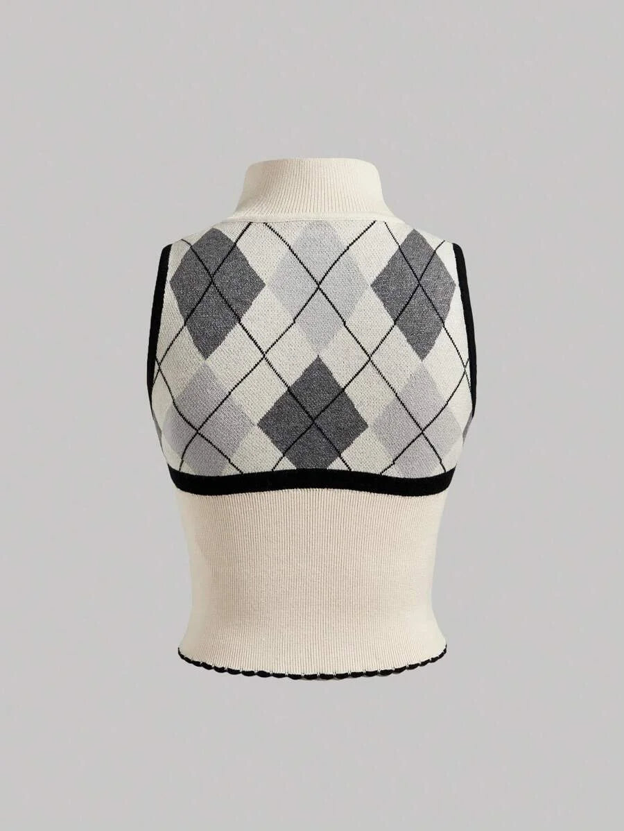 Small StandUp Collar Plaid Contrasting Top BackToSchool Clothing Woolen Tops Autumn Tops Cute