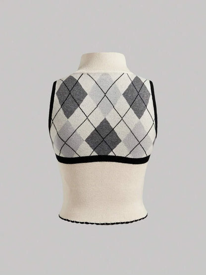 Small StandUp Collar Plaid Contrasting Top BackToSchool Clothing Woolen Tops Autumn Tops Cute