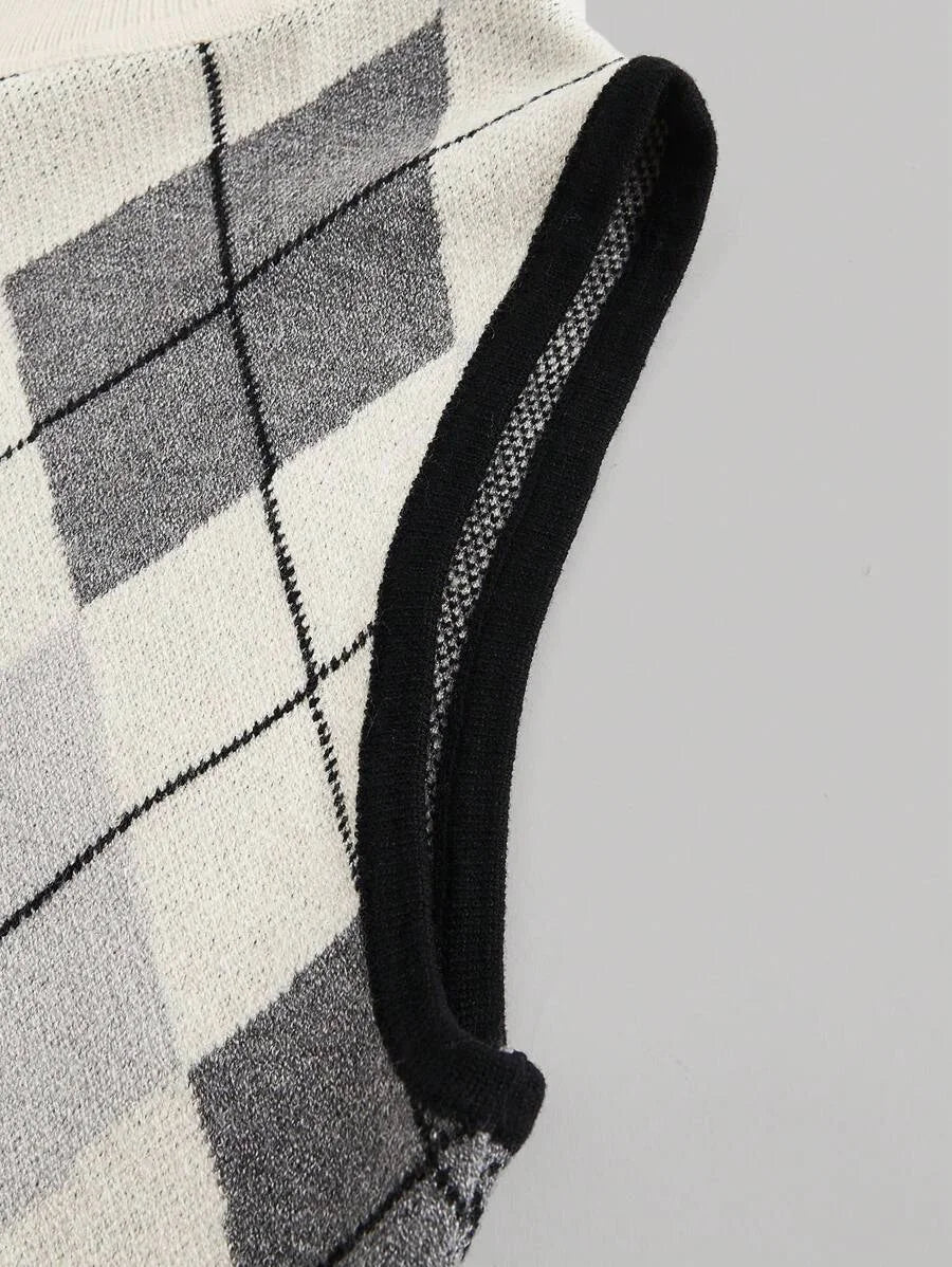 Small StandUp Collar Plaid Contrasting Top BackToSchool Clothing Woolen Tops Autumn Tops Cute