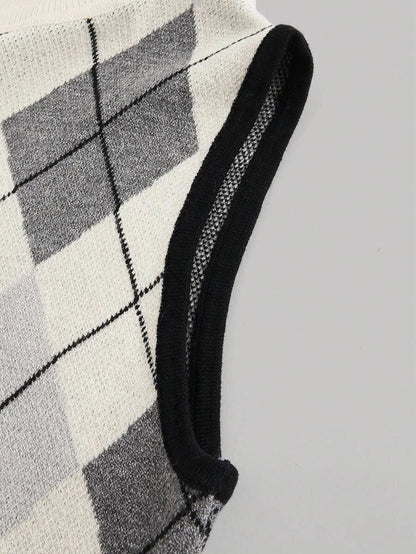 Small StandUp Collar Plaid Contrasting Top BackToSchool Clothing Woolen Tops Autumn Tops Cute