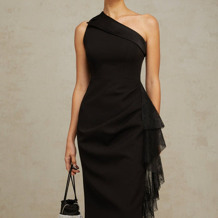 Sofia Black Lace Panel Midi Dress with Ruffled Detailing and Side Slit