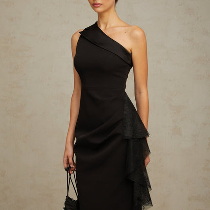 Sofia Black Lace Panel Midi Dress with Ruffled Detailing and Side Slit