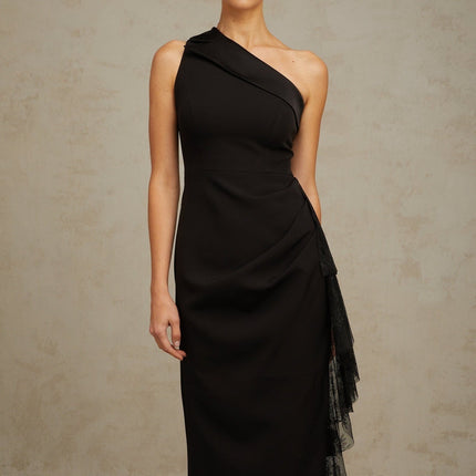 Sofia Black Lace Panel Midi Dress with Ruffled Detailing and Side Slit in Terylene and Spandex Blend