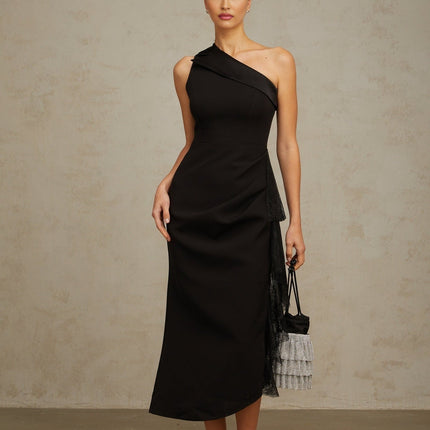 Sofia Black Lace Panel Midi Dress with Ruffled Detailing and Side Slit