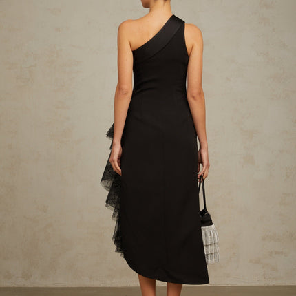 Sofia Black Lace Panel Ruffled Midi Dress with Mono Shoulder and Side Slit