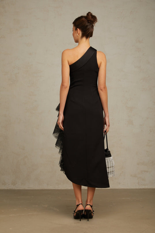 Sofia Black Lace Panel Ruffled Midi Dress with Mono Shoulder and Side Slit