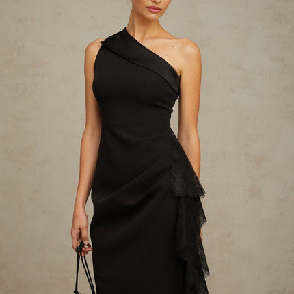 Sofia Black Lace Panel Ruffled Midi Dress with Mono Shoulder and Side Slit