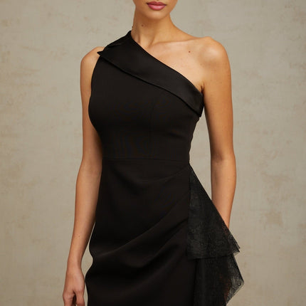 Sofia Black Lace Panel Ruffled Midi Dress with Side Slit and Mono Shoulder Design