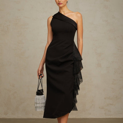 Sofia Black Lace Panel Ruffled Midi Dress with Mono Shoulder and Side Slit in Terylene Spandex Blend for Women