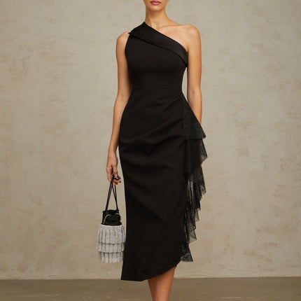 Sofia Black Lace Panel Ruffled Midi Dress with Mono Shoulder and Side Slit in Terylene Spandex Blend