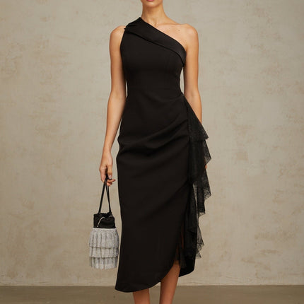 Sofia Black Lace Panel Ruffled Midi Dress with Mono Shoulder Design and Side Slit