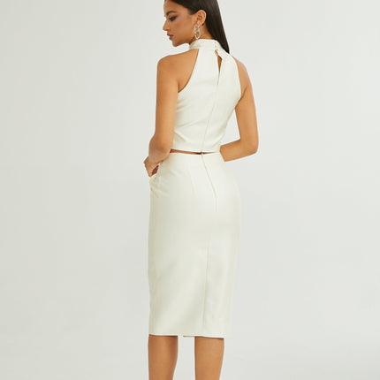 Sofia Crystal-embellished White Top and Slit Skirt Set