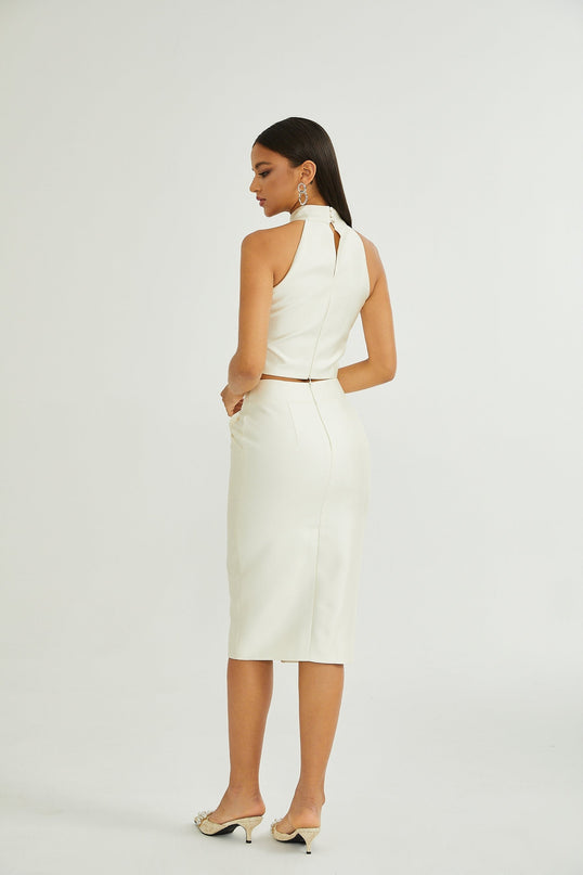 Sofia Crystal-embellished White Top and Slit Skirt Set