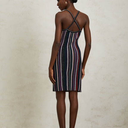 Sofia Purple Striped Knit and Metallic Pleats Mini Dress
