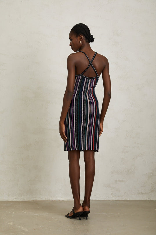 Sofia Purple Striped Knit and Metallic Pleats Mini Dress