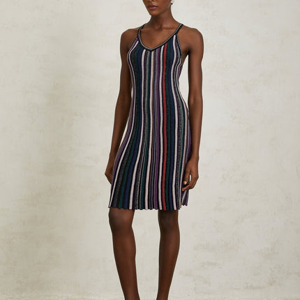 Sofia Purple Striped Knit and Metallic Pleats Mini Dress