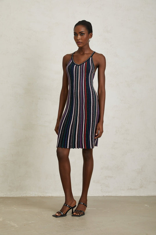 Sofia Purple Striped Knit and Metallic Pleats Mini Dress