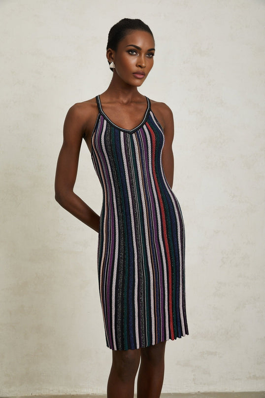 Sofia Purple Striped Knit and Metallic Pleats Mini Dress