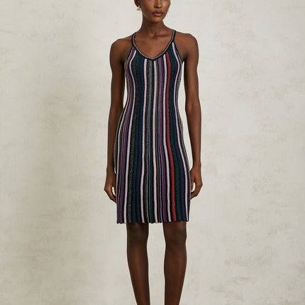 Sofia Purple Striped Knit and Metallic Pleats Mini Dress