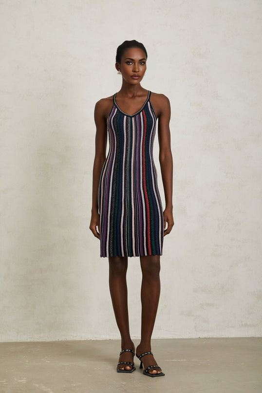 Sofia Purple Striped Knit and Metallic Pleats Mini Dress