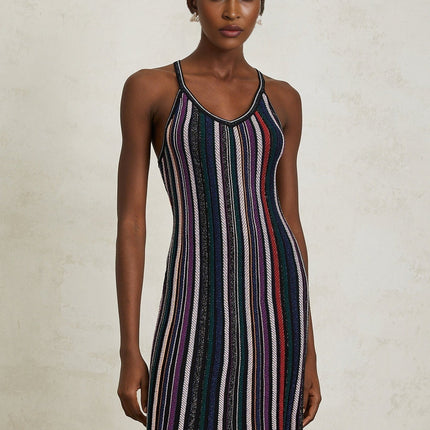 Sofia Purple Striped Knit Metallic Pleats Mini Dress