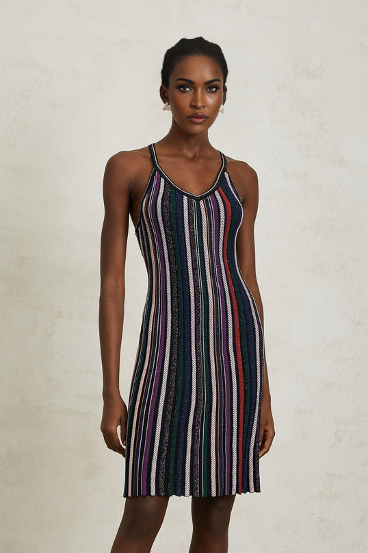 Sofia Purple Striped Knit Metallic Pleats Mini Dress