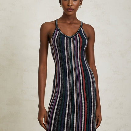Sofia Purple Striped Knit Metallic Pleats Mini Dress