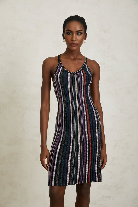 Sofia Purple Striped Knit Metallic Pleats Mini Dress