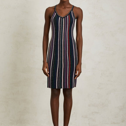Sofia Purple Striped Knit Metallic Pleats Mini Dress