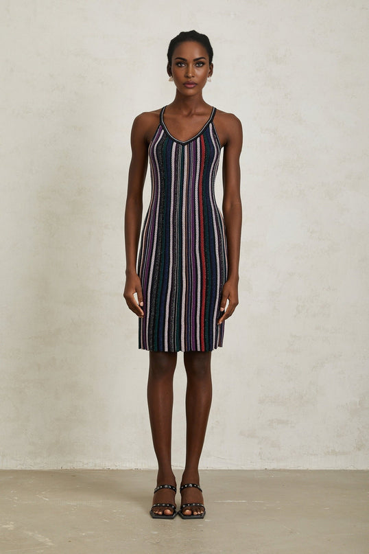 Sofia Purple Striped Knit Metallic Pleats Mini Dress