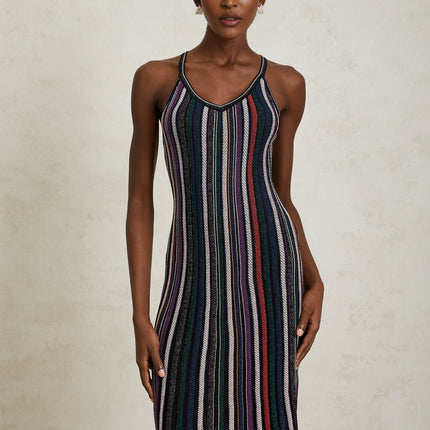 Sofia Purple Striped Knit Metallic Pleats Mini Dress