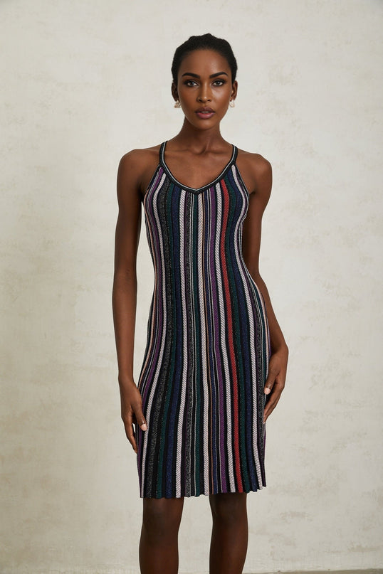 Sofia Purple Striped Knit Metallic Pleats Mini Dress