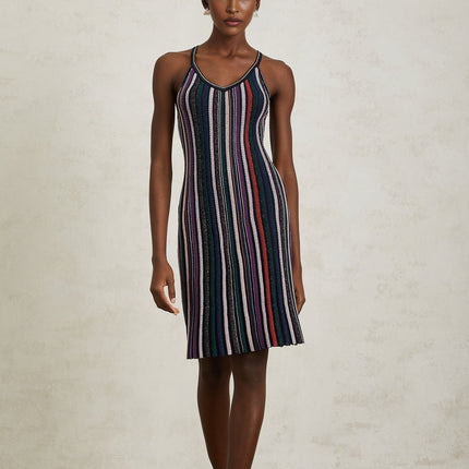 Sofia Purple Striped Knit and Metallic Pleats Mini Dress