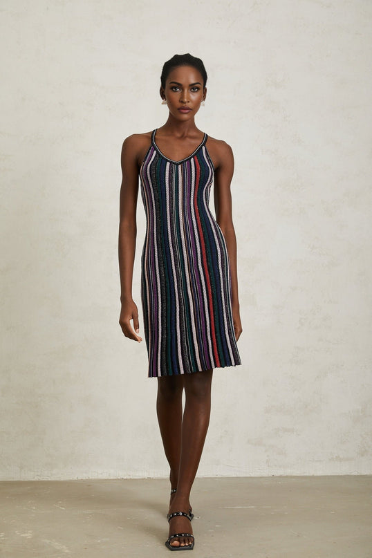 Sofia Purple Striped Knit and Metallic Pleats Mini Dress
