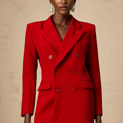 Sofia Red Double Breasted Blazer Peak Lapels Shoulder Pads Buttoned Cuffs Cinched Waist Luxury Fabric Blend Chest Welt Pocket Front Flap Pockets Timeless Statement Piece