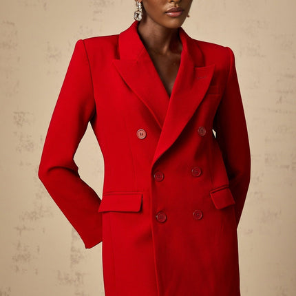 Sofia Red Double-Breasted Blazer Peak Lapels Shoulder Pads Buttoned Cuffs Cinched Waist Chest Welt Pocket Front Flap Pockets Elegant Chic Style