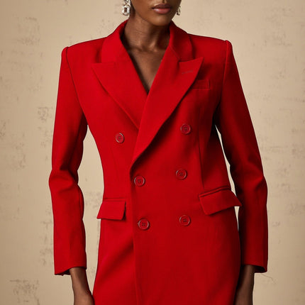 Sofia Red Double-Breasted Blazer Peak Lapels Shoulder Pads Buttoned Cuffs Cinched Waist Polyester Viscose Cotton Elastane Chest Welt Pocket Front Flap Pockets