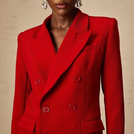 Sofia Red Double-Breasted Blazer Peak Lapels Shoulder Pads Buttoned Cuffs Cinched Waist Chest Welt Pocket Front Flap Pockets Polyester Viscose Cotton Elastane Comfort Durability Timeless Statement Piece
