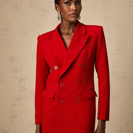 Sofia Red Double-Breasted Blazer Peak Lapels Shoulder Pads Buttoned Cuffs Cinched Waist Polyester Viscose Cotton Elastane Chest Welt Pocket Front Flap Pockets