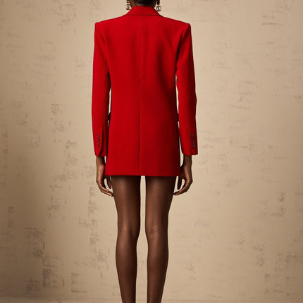 Sofia Red Double-Breasted Blazer Peak Lapels Shoulder Pads Buttoned Cuffs Cinched Waist Chest Welt Pocket Front Flap Pockets