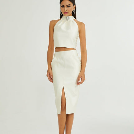 Sofia White Crystal-embellished Top and Slit Skirt Set
