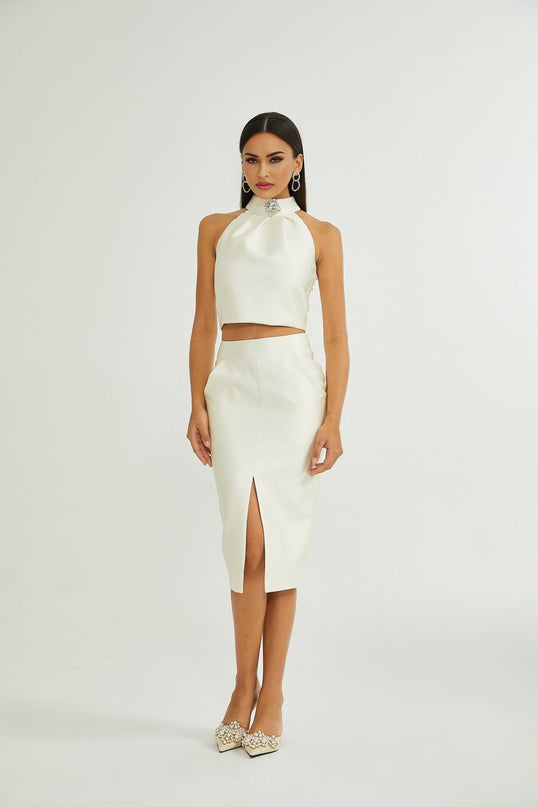 Sofia White Crystal-embellished Top and Slit Skirt Set
