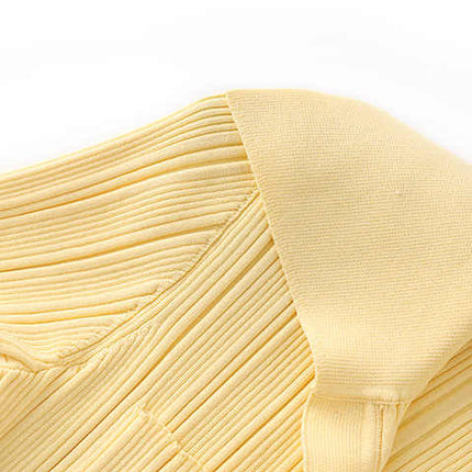 Soft Pastel Yellow Ribbed Knit Maxi Dress with Flared Sleeves and Collar