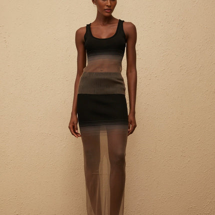 Jane wearing Soie Black Semi Sheer Ribbed Knit Matching Set